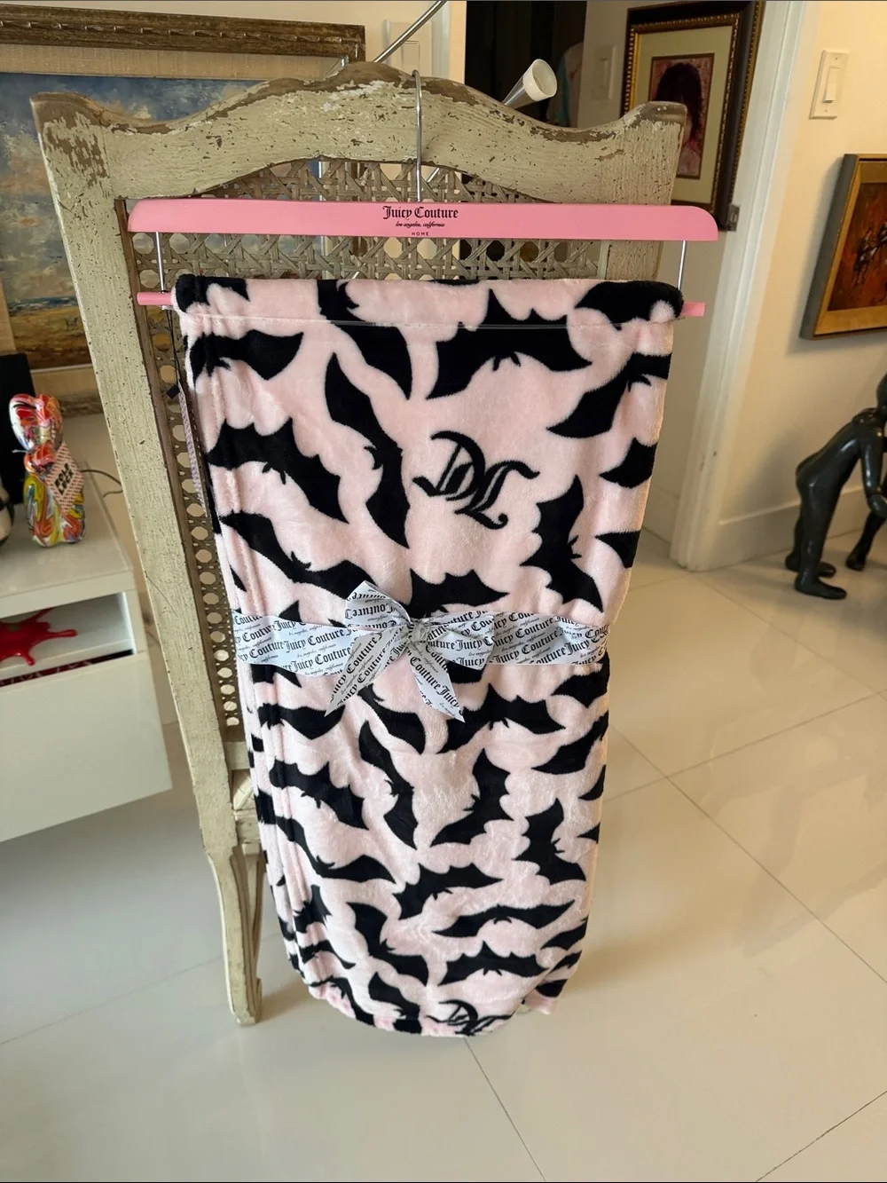 Juicy Couture Halloween Pink & Black Bat Print Plush Throw Blanket